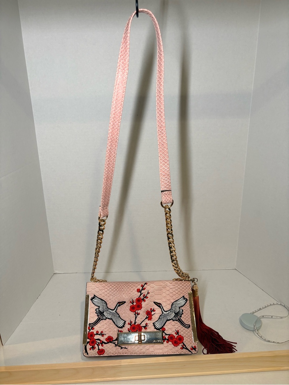 Aldo Pink Embroidered Crane Shoulder Bag with Tassel